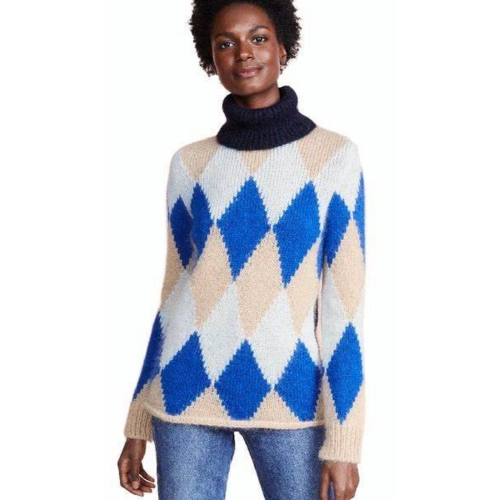 NWT Tory Burch Libby Turtleneck Sweater Blue Multi Harlequin Pattern SZ M‎